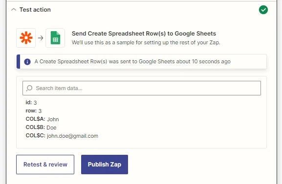 Test action Google Sheets Zapier