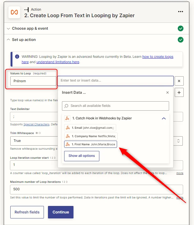 Zapier looping création données dynamiques