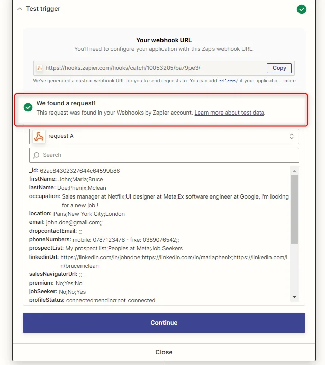 Test de déclencheur webhook Zapier
