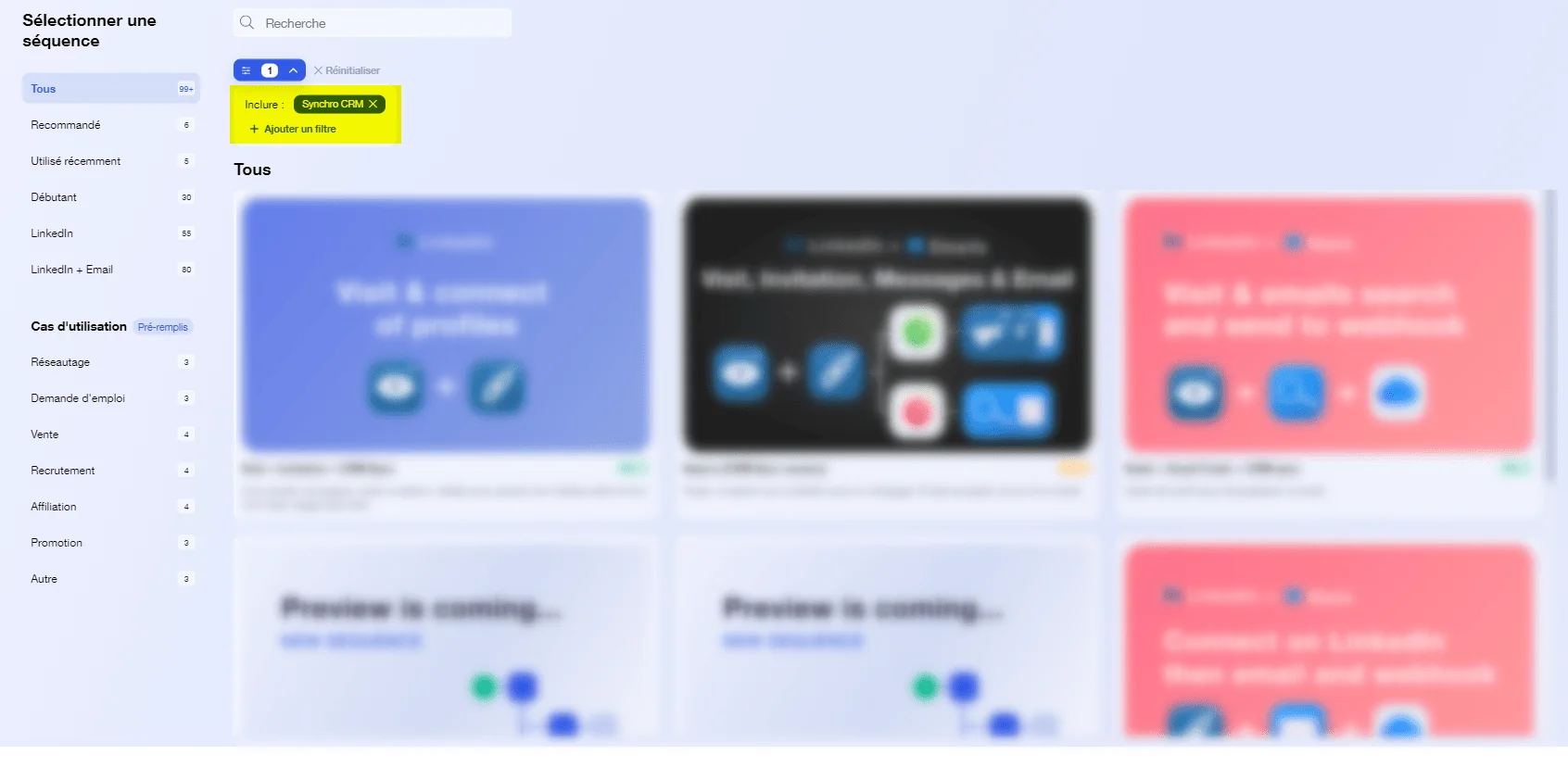 Sélection séquences Waalaxy synchro CRM