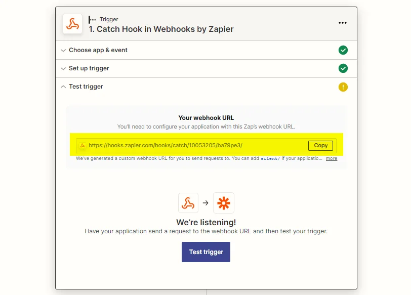Zapier webhook trigger configuration interface