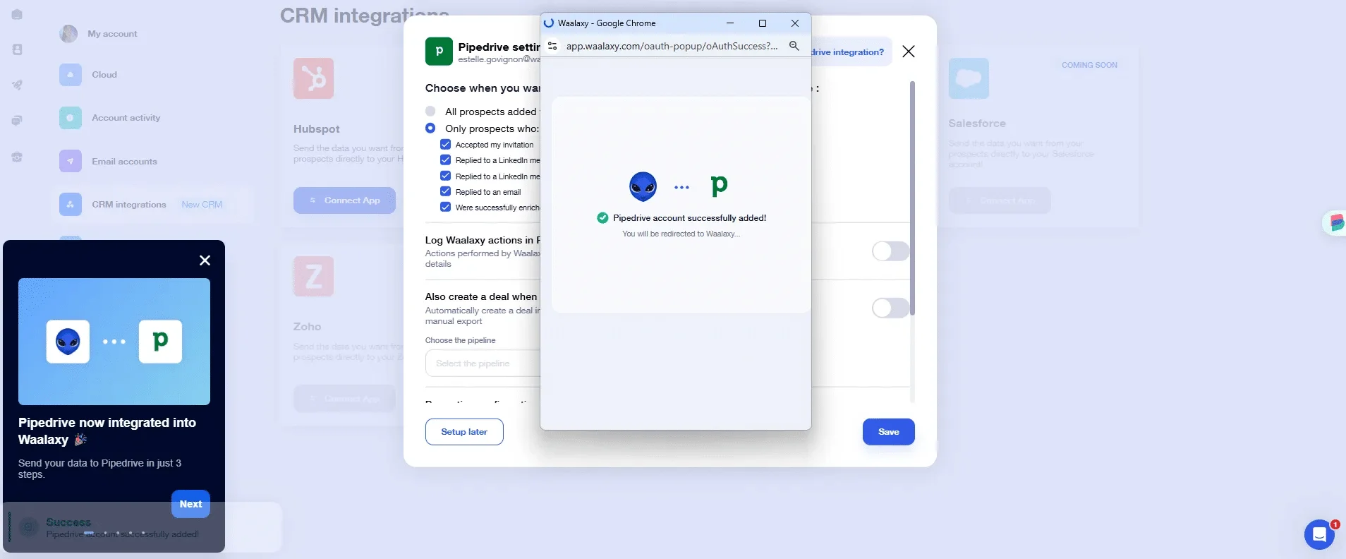 Pipedrive integration Waalaxy success