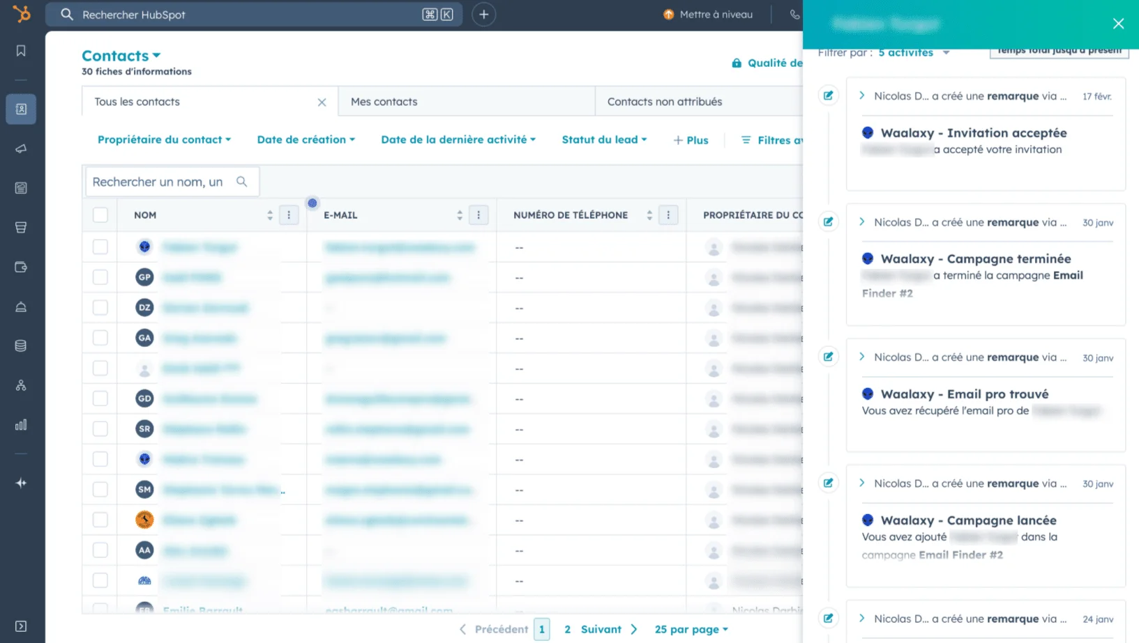 Interface CRM contacts Waalaxy prospection