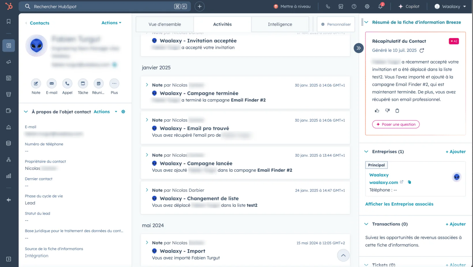 Interface HubSpot fiche contact Waalaxy