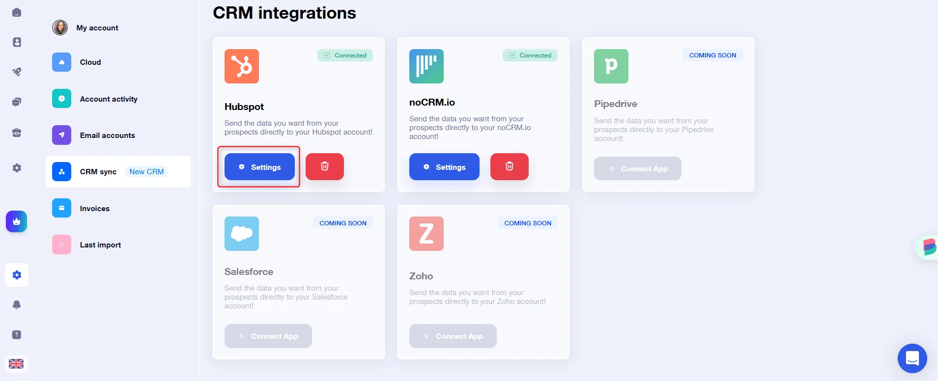 CRM integrations HubSpot NoCRM Pipedrive