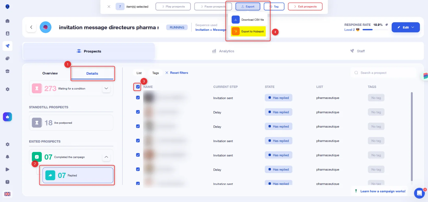 Waalaxy export prospects CSV HubSpot