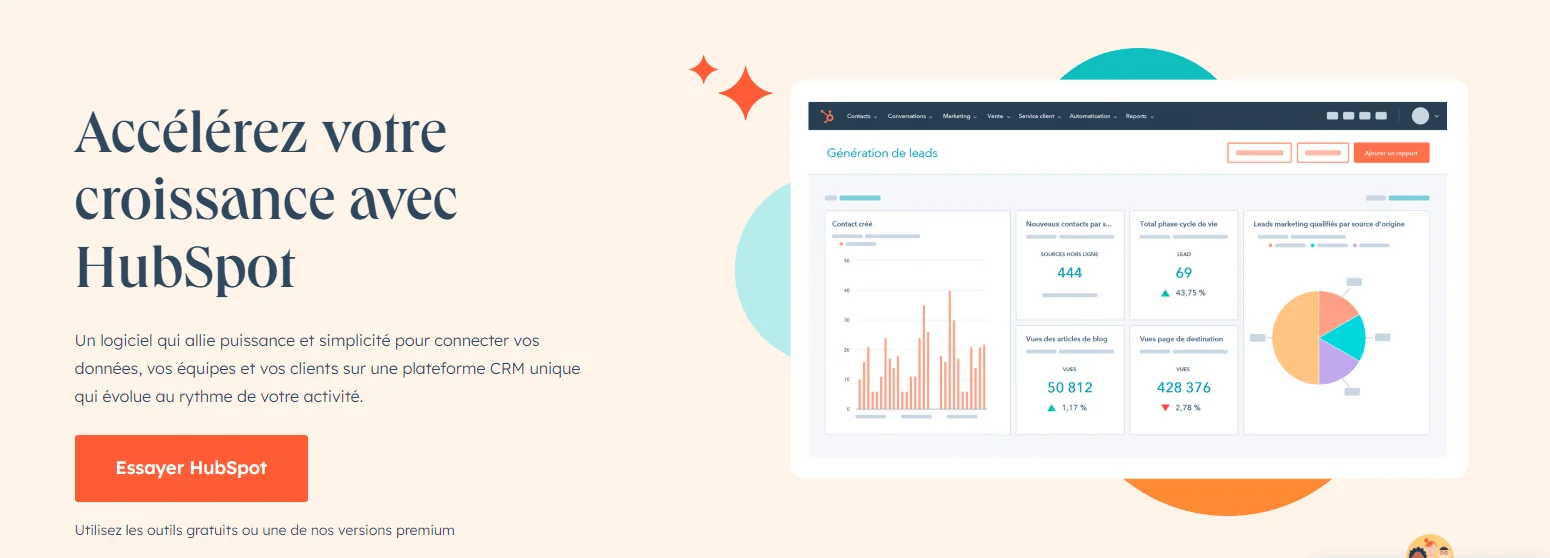 "HubSpot - Page d'accueil avec graphiques et statistiques."