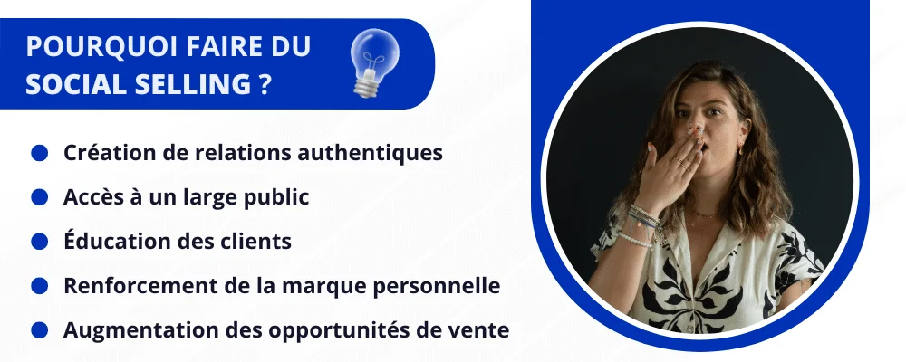 Image : "Pourquoi faire du social selling ?" - Création de relations authentiques, accès à un large public, éducation des clients, renforcement de la marque personnelle, augmentation des opportunités de vente. Femme couvrant la bouche avec une lampe sur fond bleu.