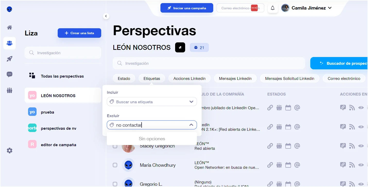 Interfaz prospección LinkedIn Waalaxy