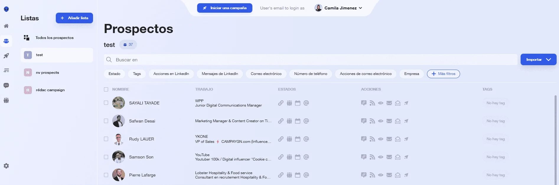 Interface prospection prospects Waalaxy