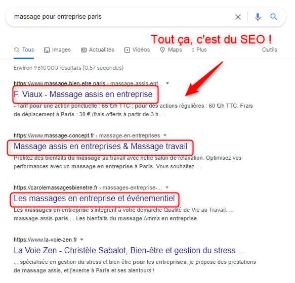 Résultats recherche Google massage entreprise Paris