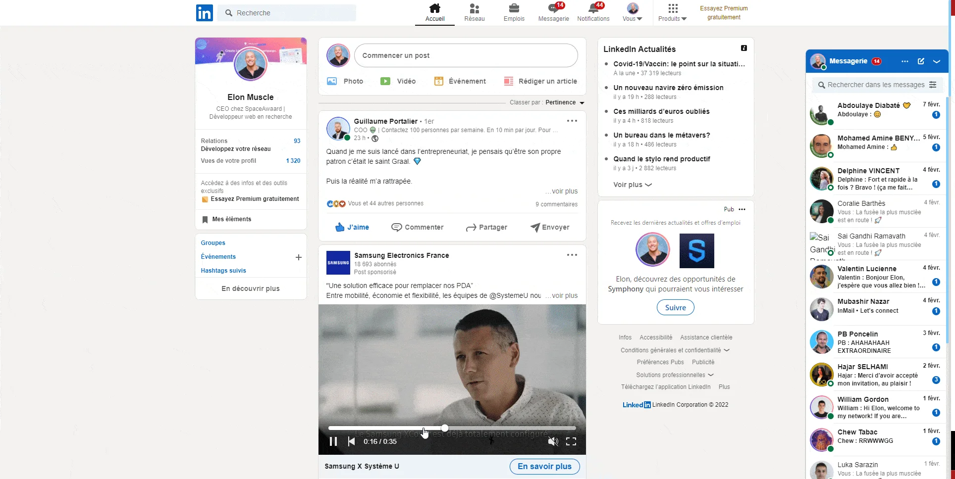 Interface LinkedIn feed messages profil
