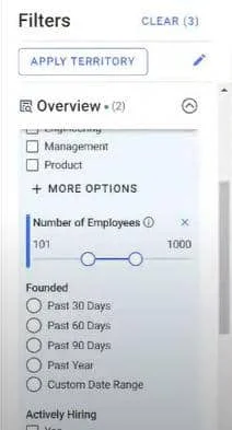 Filtres de prospection Waalaxy par nombre d'employés
