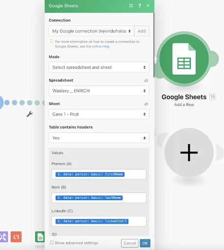 Google Sheets connection Waalaxy intégration