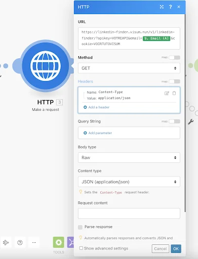 Interface d'envoi HTTP avec URL LinkedIn, méthode GET, headers et paramètres de requête.