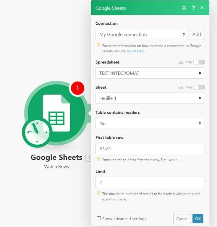 Google Sheets intégration configuration Waalaxy