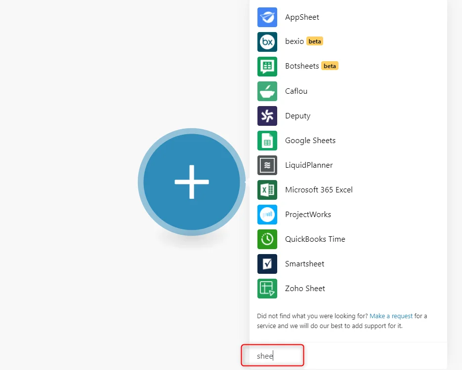 Page web présentant des applications "sheet" avec un champ de recherche et un bouton bleu avec un "+" pour ajouter plus d'applications.