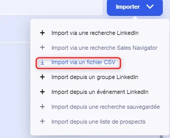 "Menu d'importation avec 'Import via un fichier CSV' en rouge."