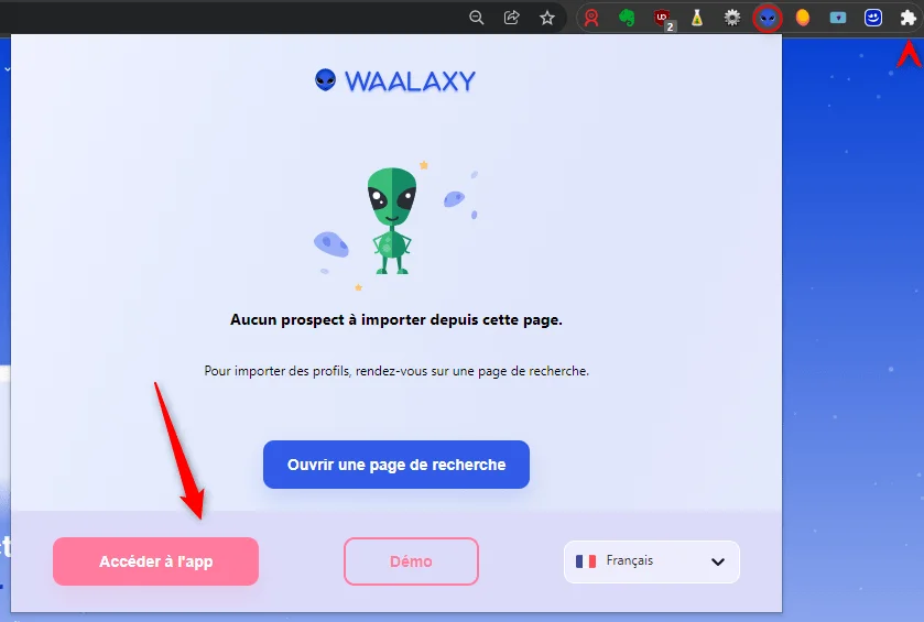 Page d'accueil de Waalaxy avec un alien vert, lien pour accéder à l'app en bas.