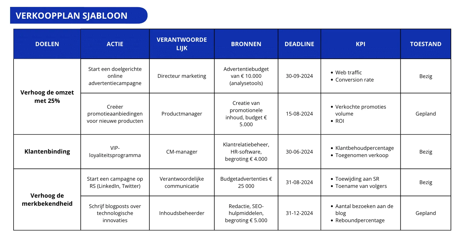 Verkoopplan sjabloon doelen acties