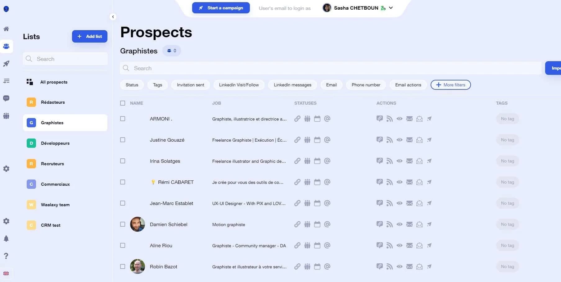 Interface prospection prospects Waalaxy