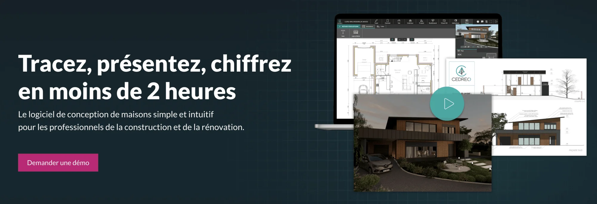Page web présentant un logiciel de conception d'architecture résidentielle, montrant une maison moderne en 3D, des plans et un ordinateur avec le logiciel ouvert. Texte: "Tracez, présentez, chiffrez". Bouton "Demander une démo" visible. Contexte: promotion du logiciel pour professionnels de la construction.