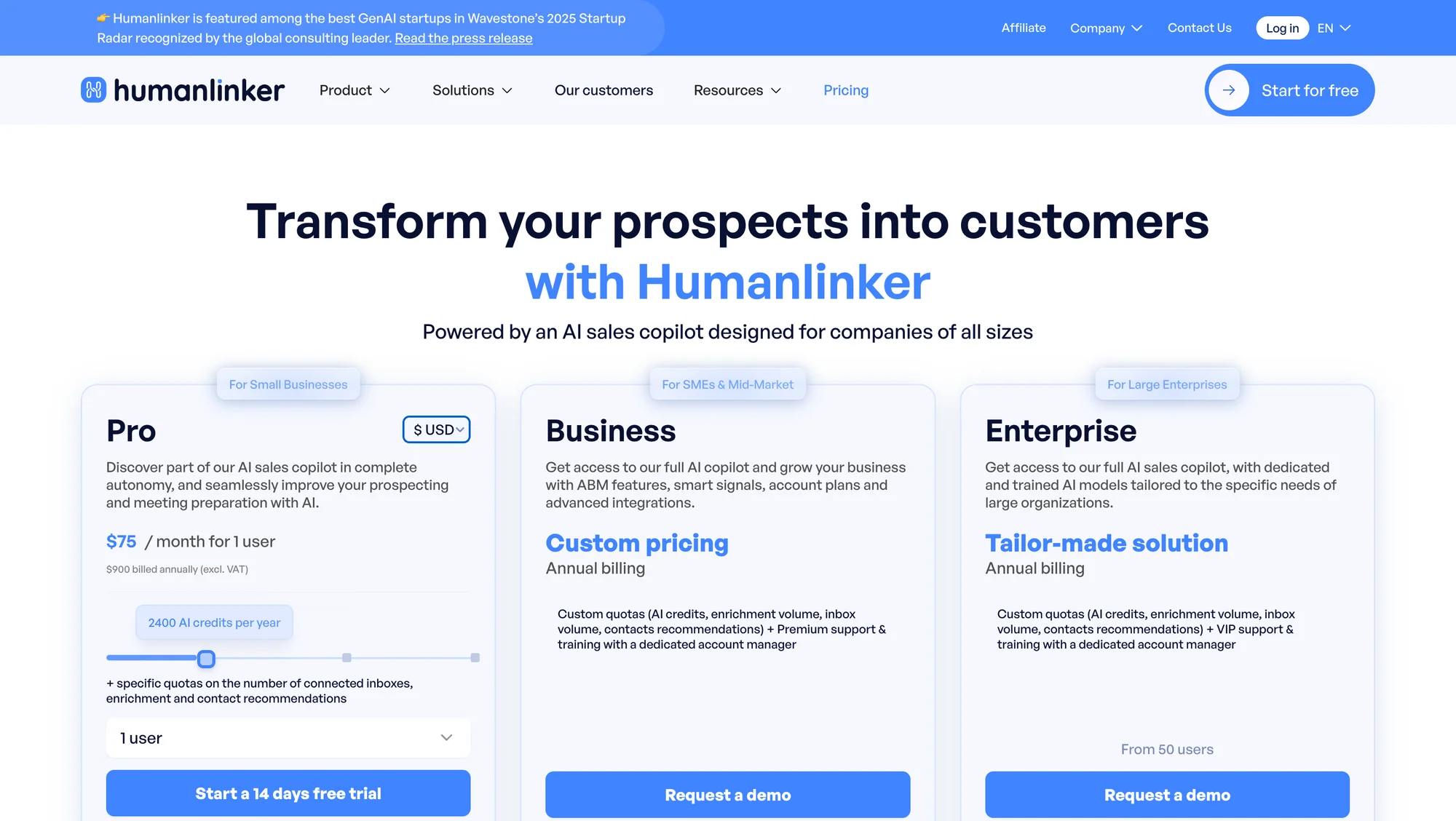 Humanlinker pricing
