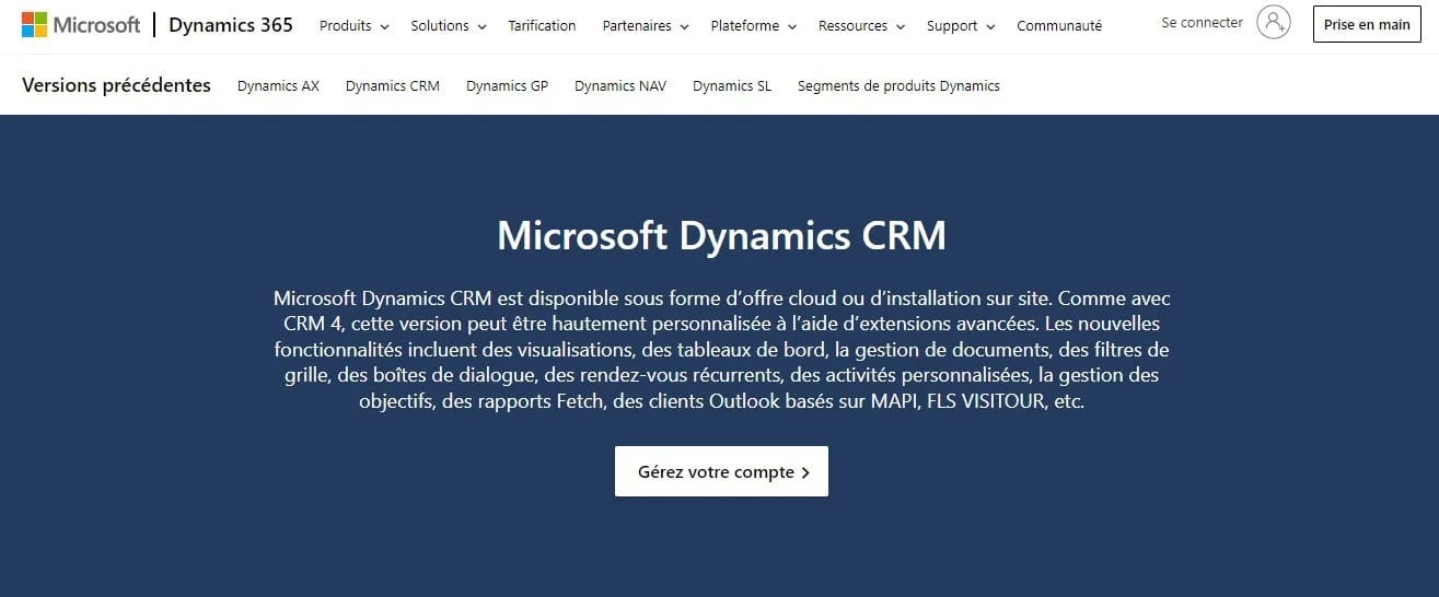 Page web Microsoft Dynamics CRM, menu de navigation en haut, titre principal "Microsoft Dynamics CRM", lien "Gérez votre compte" en bas.