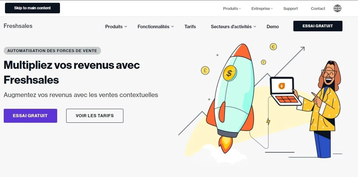 Page web Freshsales, promotion "Multiplication des revenus", illustration d'un lanceur de fusée, boutons "Essai gratuit" et "Voir les tarifs".