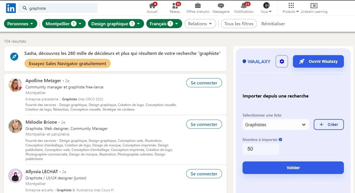 Page LinkedIn avec des profils professionnels en français, filtre "Graphiste", nombre à importer : 50.