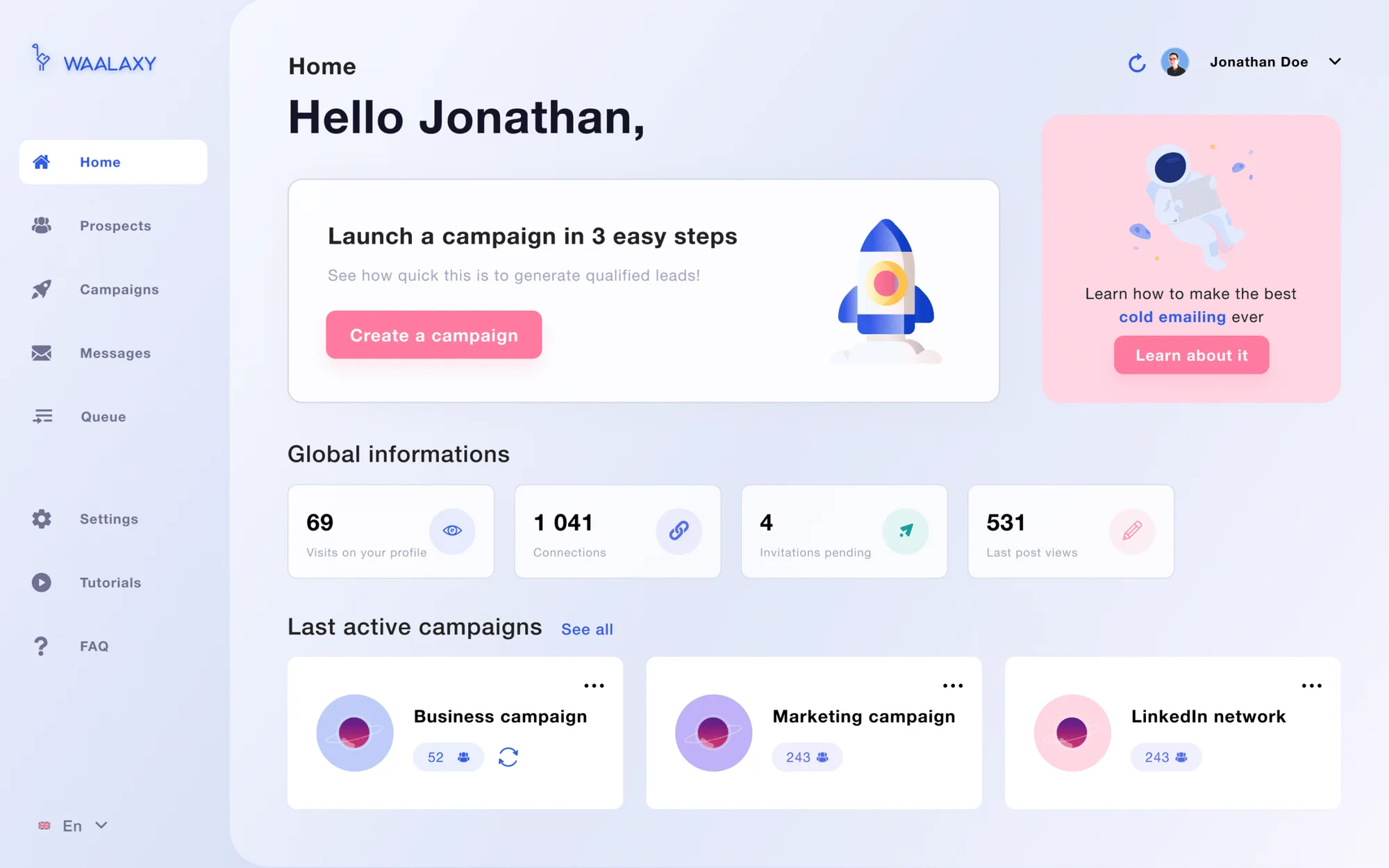 Waalaxy accueil dashboard interface prospection