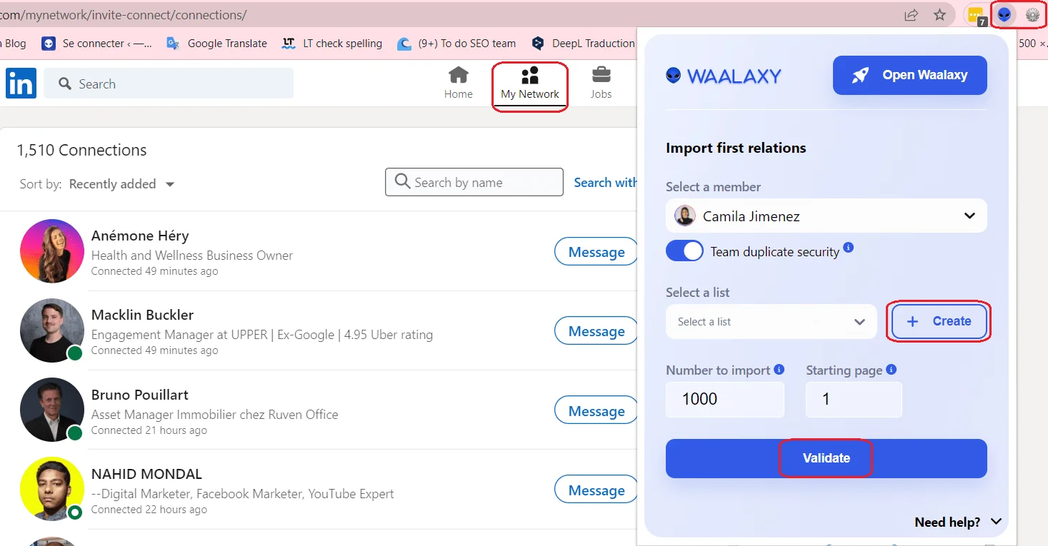 Liste connexions LinkedIn import Waalaxy