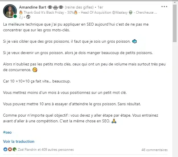 Capture écran post LinkedIn Waalaxy SEO
