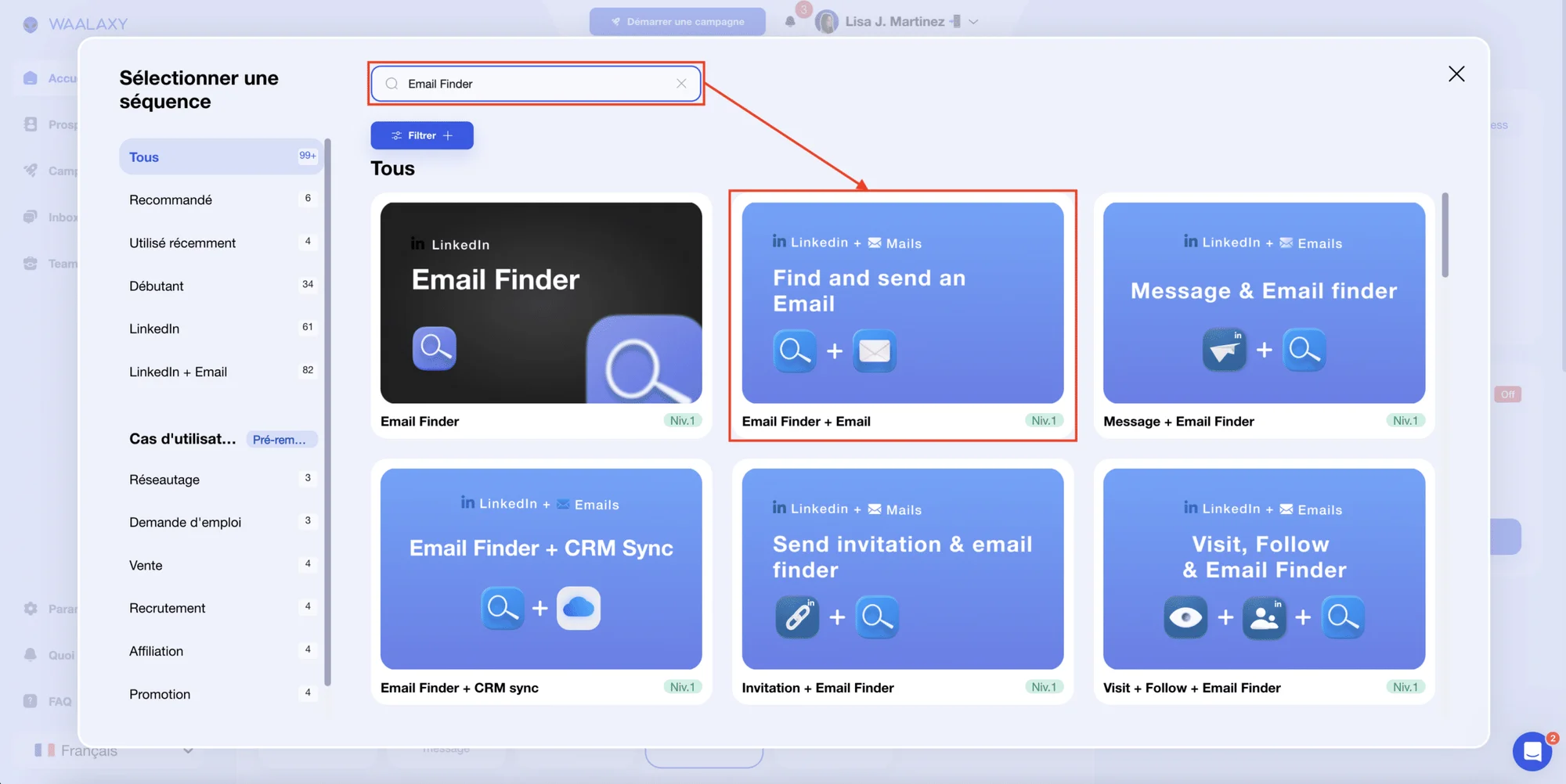 Sélection campagne avec option Email Finder et envoi automatique des mails de prospection.