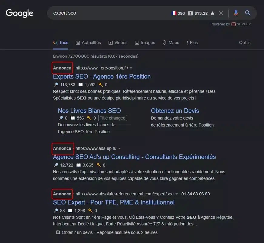 Résultats Google recherche expert SEO