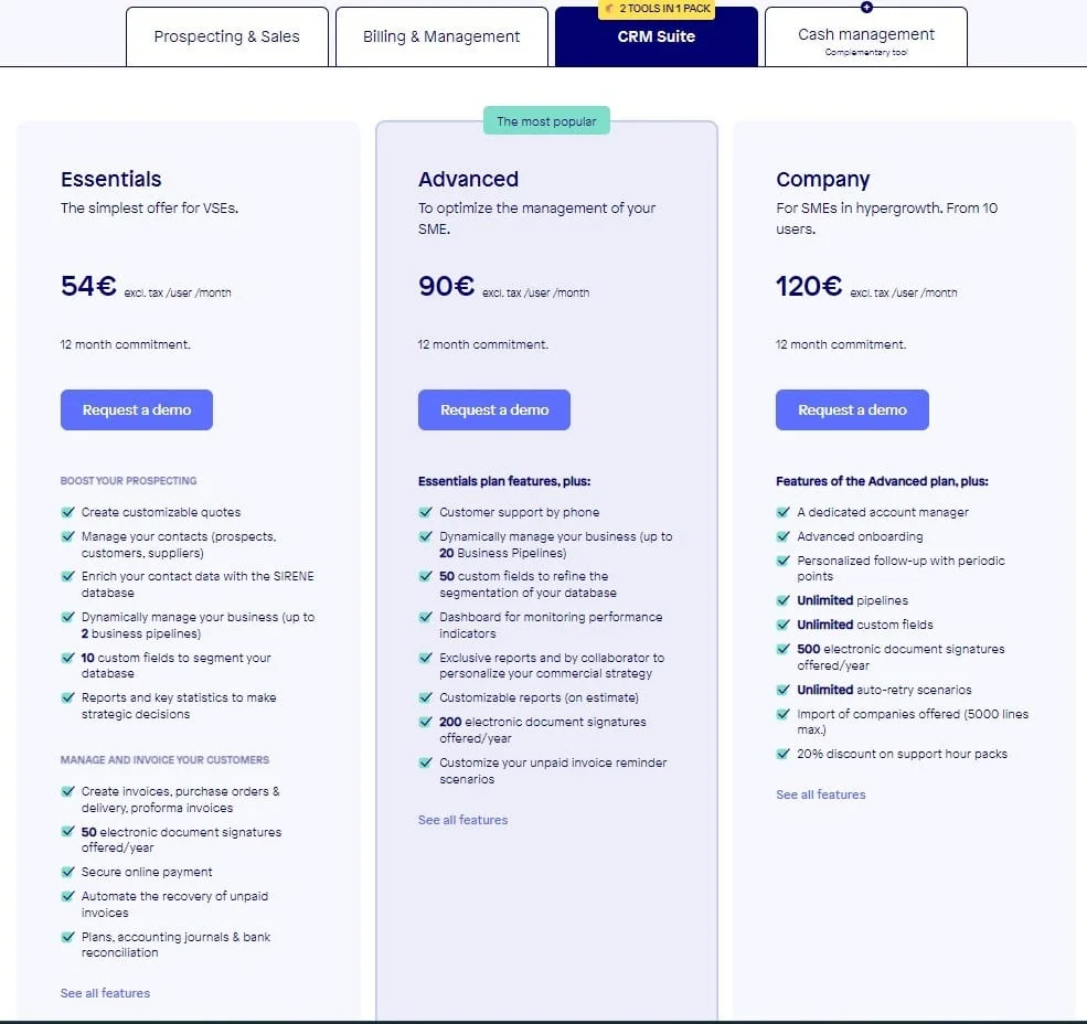 Comparaison plans tarification CRM suite