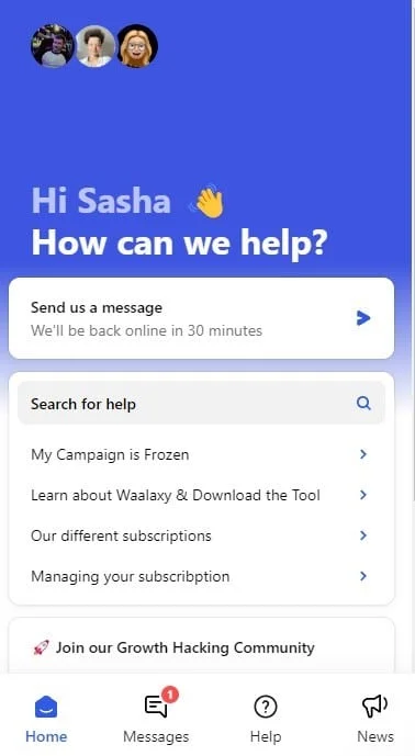 Interface support client Waalaxy help center