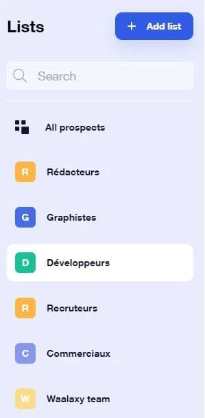 Interface listes Waalaxy prospection