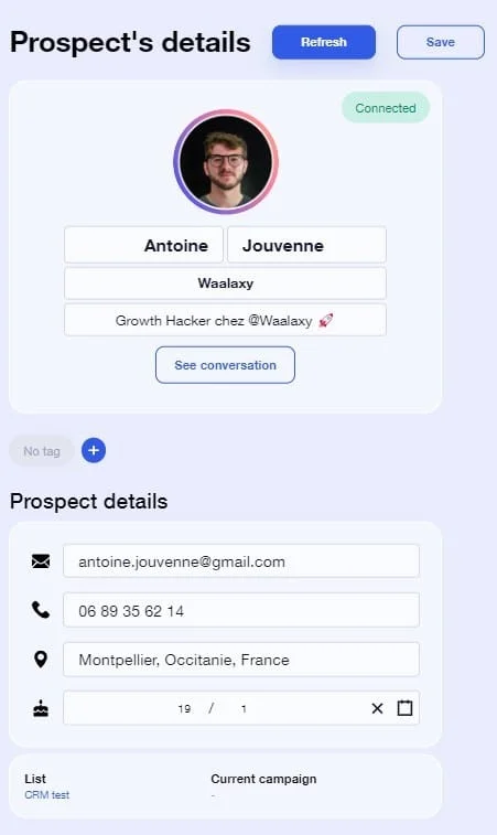 Profil prospect Waalaxy growth hacker