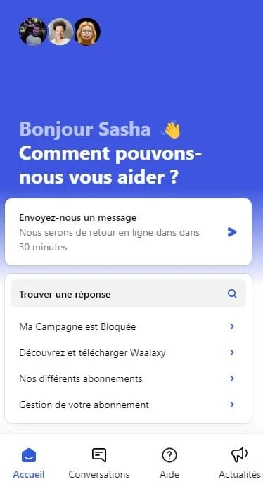 Page d'aide de l'application Waalaxy, avec un message pour Sasha demandant assistance sur campagne bloquée.