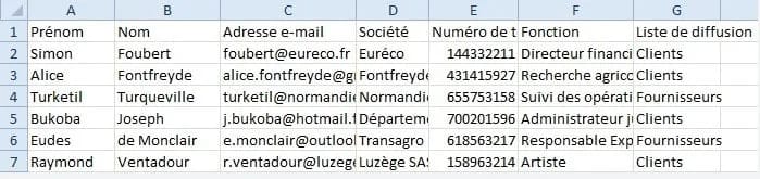 Tableau Excel avec colonnes: Prénom, Nom, Adr e-mail, Société, Numéro de fonction, Liste de diffusion. Texte en français. Contexte professionnel.