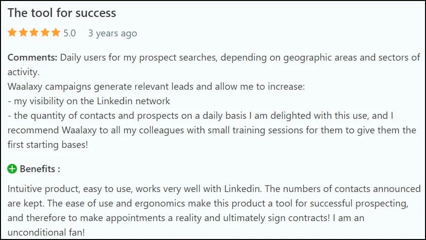 Avis client 5 étoiles Waalaxy prospection LinkedIn
