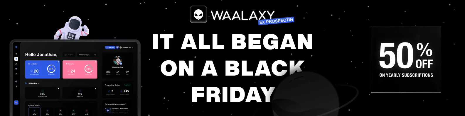 Waalaxy Black Friday 50% off yearly subscription