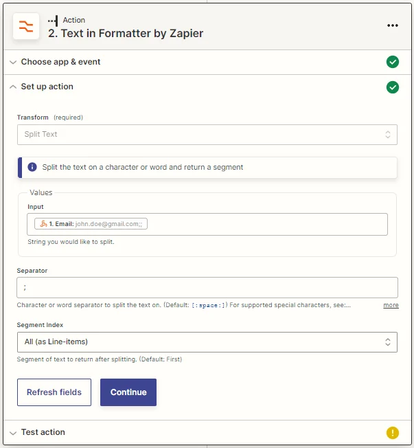 Text in formatter Zapier action setup