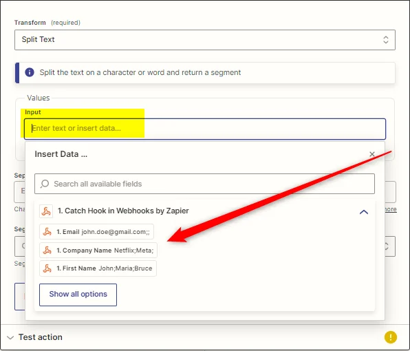 Split text Zapier webhook integration