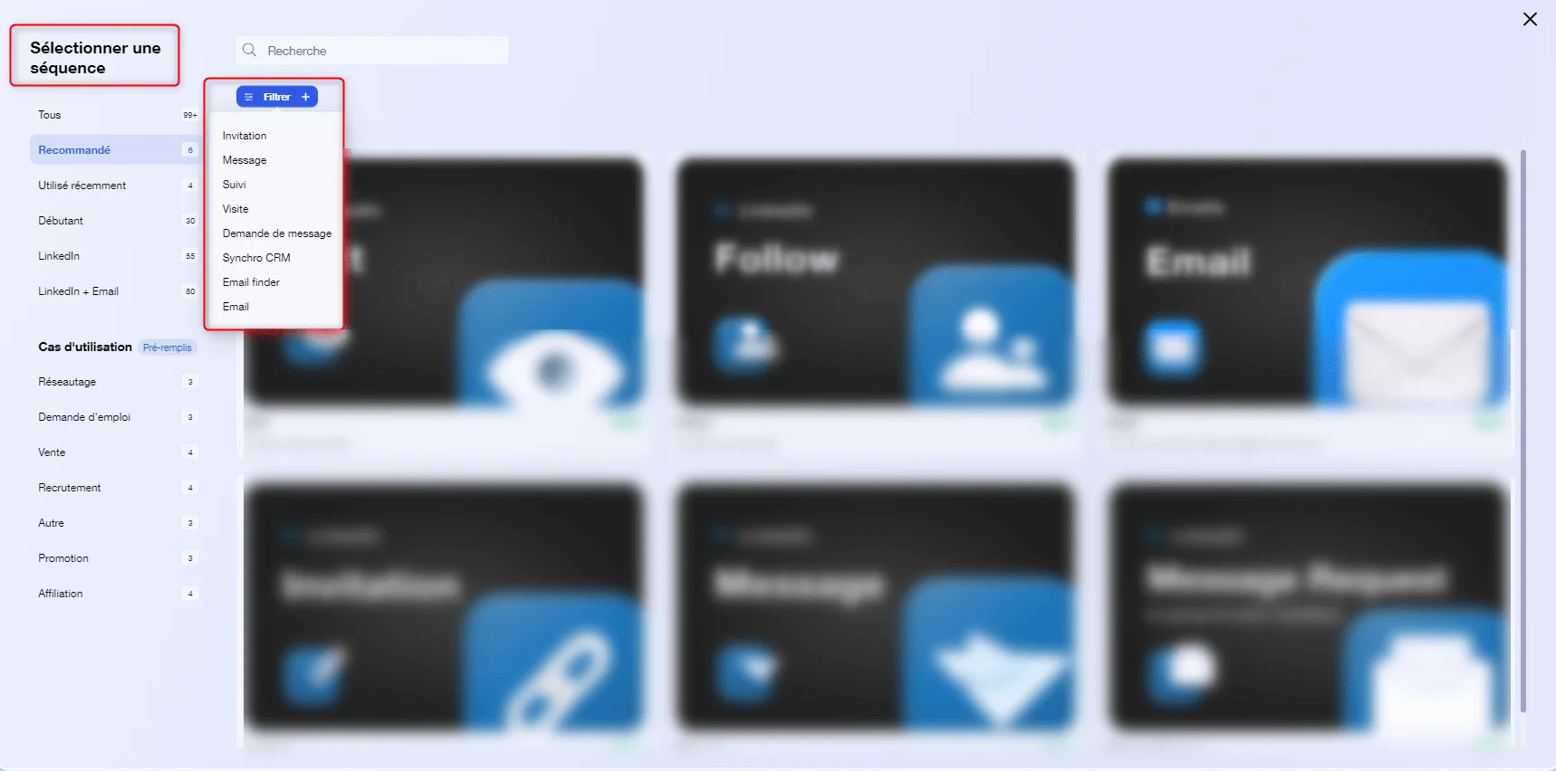 Interface utilisateur avec menu déroulant, icônes sociales et boutons d'actions.