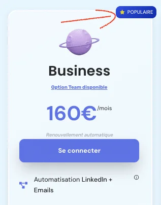 Planète violet, prix 160€/mois, option team, connexion automatique, étiquette "POPULAIRE".