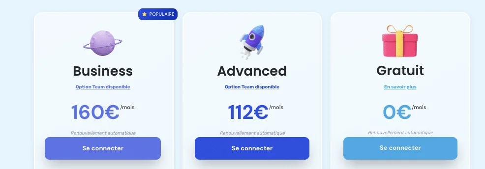 Planète, fusée, cadeau, tarifs, connexion, options disponibles, abonnement automatique.