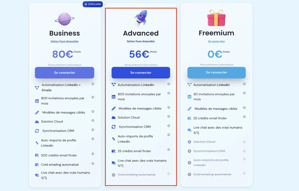 Planche tarifaire avec options "Business", "Advanced" et "Freemium". Prix respectifs : 80€/mois, 56€/mois, gratuit. Fonctionnalités détaillées pour chaque plan.