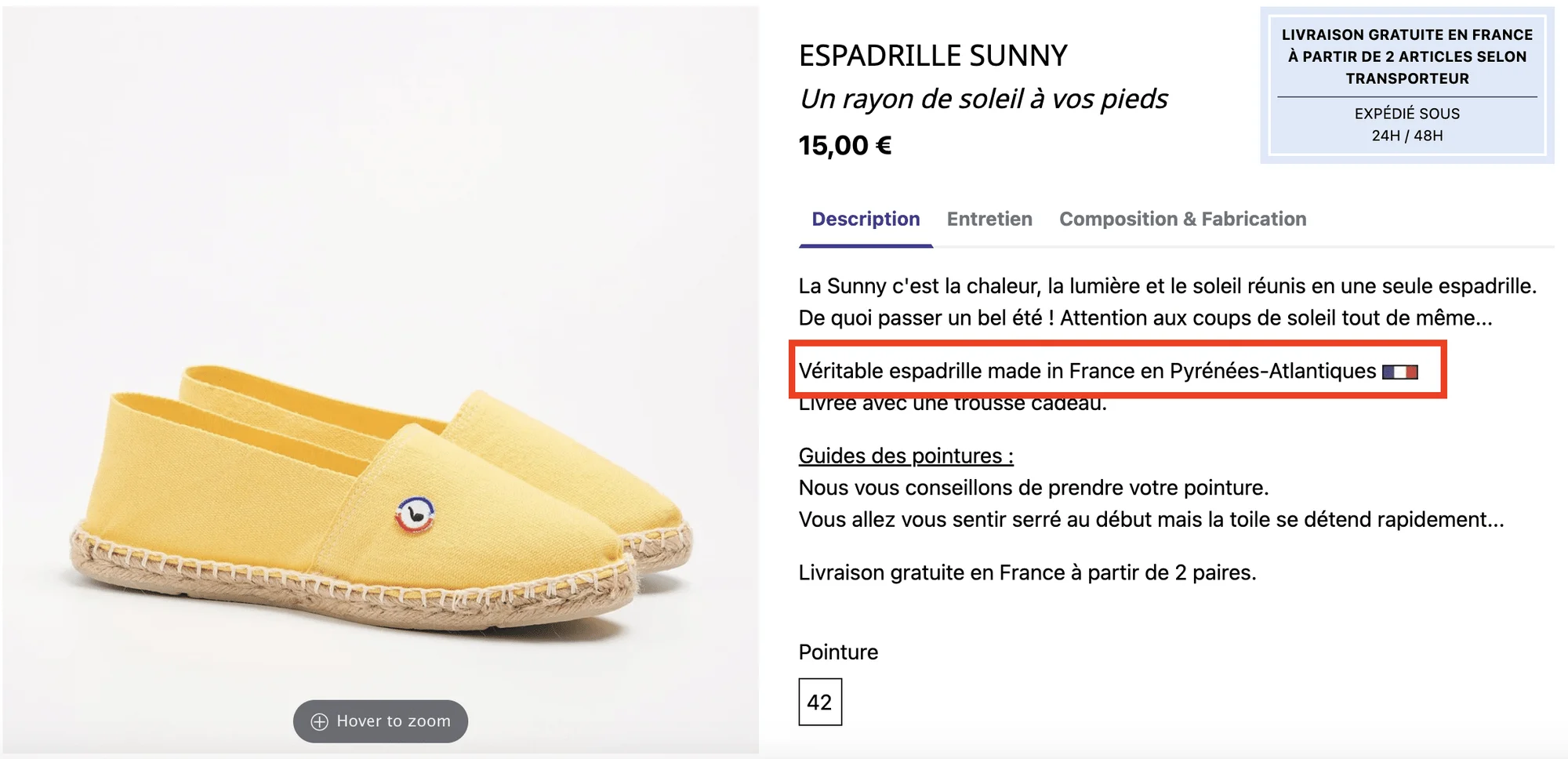 Image d'espadrille Sunny jaune, fabriquée en France dans les Pyrénées-Atlantiques. Prix: 15 €. Taille: 42. Livraison gratuite à partir de 2 paires.